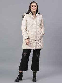 Cantabil - Women Solid Beige Hooded Neck Full Sleeves Casual Jacket