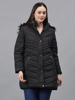 Cantabil - Women Solid Black Hooded Neck Full Sleeves Casual Jacket