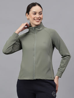 Cantabil - Women Solid Green High Neck Full Sleeves Casual Jacket