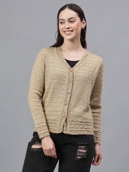 Cantabil - Women Self Design Beige V-Neck Full Sleeves Casual Cardigan