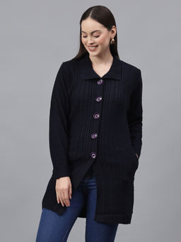 Cantabil - Women Self Design Navy Blue Full Sleeves Casual Cardigan