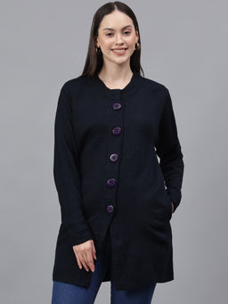 Cantabil - Women Solid Navy Blue Round Neck Full Sleeves Casual Cardigan