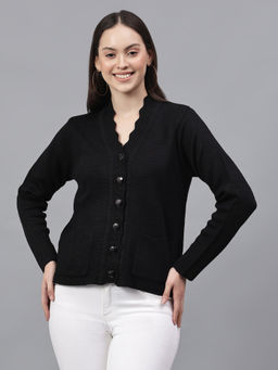 Cantabil - Women Solid Black V-Neck Full Sleeves Casual Cardigan