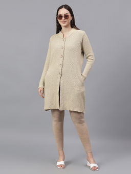 Cantabil - Women Self Design Beige Mock Neck Full Sleeves Casual Cardigan