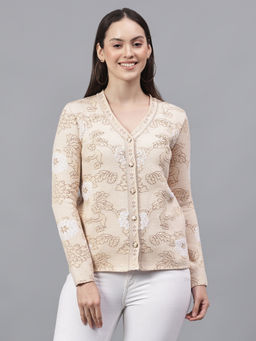 Cantabil - Women Beige V-Neck Full Sleeves Casual Cardigan