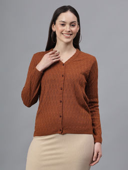 Cantabil - Women Self Design Tan V-Neck Full Sleeves Casual Cardigan