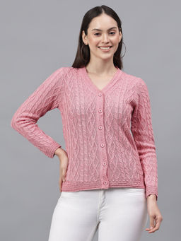 Cantabil - Women Self Design Pink V-Neck Full Sleeves Casual Cardigan