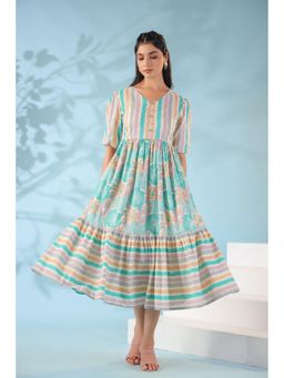 Polago Clothing - Green and Beige Cotton Printed Midi Dress