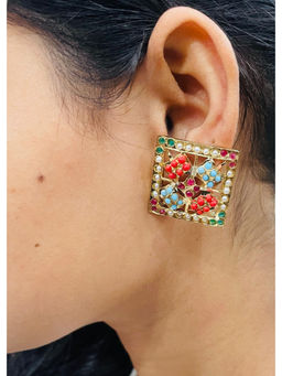 Queens Jewels - Vibrant Navratan Jadau Square Stud Earrings