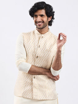 Vastramay - Men Gold Jacquard Self Design Silk Blend Nehru Jacket