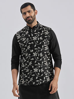 Vastramay - Men Black Silk Blend Embroidered Nehru Jacket