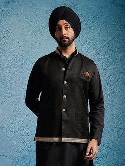 Vastramay - Men Black Jute Cotton Nehru Jacket