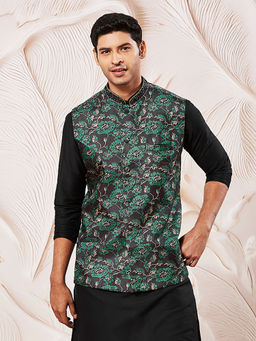Vastramay - Men Green Silk Blend All over Printed with Embroidered Collared Nehru Jacket