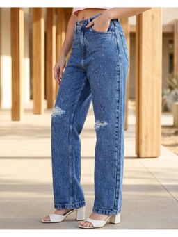 Bewakoof - Women's Light Blue Straigh Fit Washed Distressed Jeans