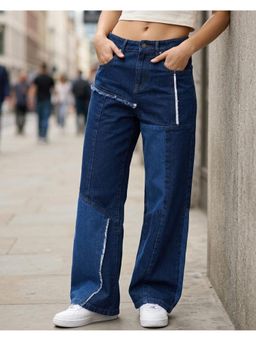 Bewakoof - Women's Dark Blue Pannelled Washed Wide Leg Jeans