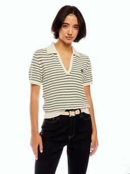 Calvin Klein - White Relaxed Fit Cotton Polo Collar Sweater