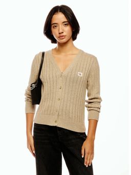 Calvin Klein - Beige Straight Fit Cotton V-Neck Open-Front Cardigan