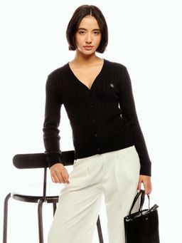 Calvin Klein - Black Straight Fit Cotton V-Neck Open-Front Cardigan