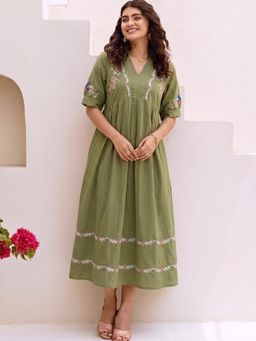 ZUMMER - Olive Embroidered Midi Dress
