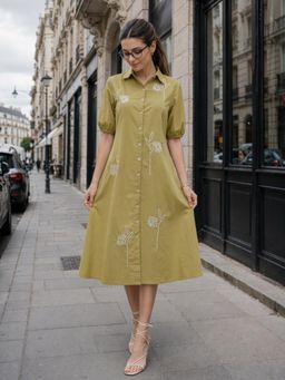 ZUMMER - Olive Embroidered Shirt Dress