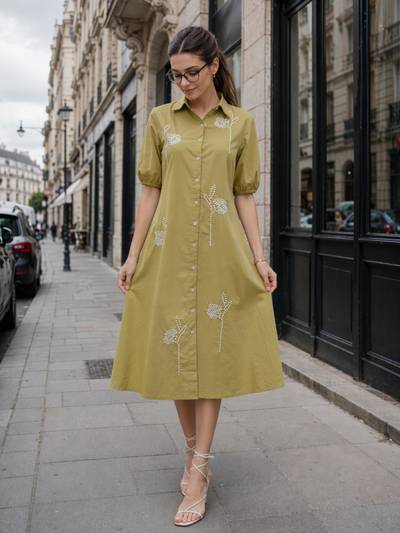 Olive Embroidered Shirt Dress