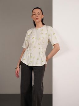FABLE STREET - White Jersey Knit Regular Fit Half Sleeve Round Neck Peplum Top
