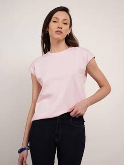 FABLE STREET - Pink Pure Cotton Regular Fit Cap Sleeve Round Neck Top