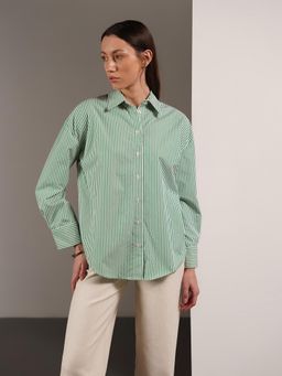 FABLE STREET - Green Polycotton Relaxed Striped Full Sleeves Shirt