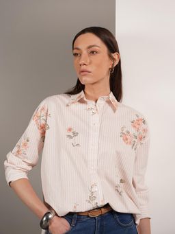 FABLE STREET - Off White Polycotton Relaxed Striped Full Sleeves Shirt
