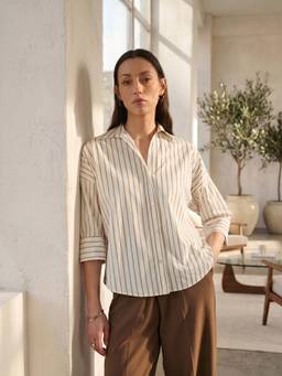 FABLE STREET - Off White Polycotton Relaxed Fit Striped Three Fourth Sleeve Shirt