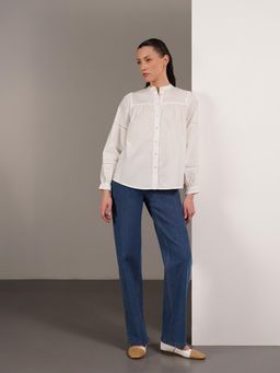 FABLE STREET - White Pure Cotton Relaxed Fit Puff Sleeves Mandarin Shirt