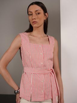 FABLE STREET - Red Cotton Regular Fit Sleeveless Square Neck Striped Top