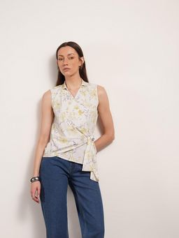 FABLE STREET - Off White Woven Regular Fit Sleeveless V-Neck Wrap Top