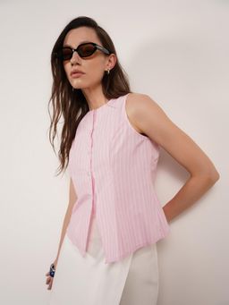 FABLE STREET - Pink Cotton Regular Fit Sleeveless Round Neck Button-Front Top