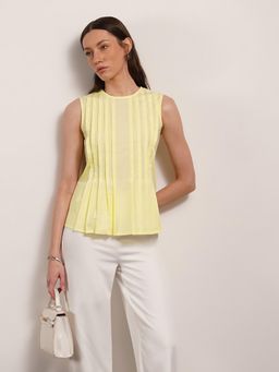 FABLE STREET - Yellow Pure Cotton Regular Fit Sleeveless Round Neck Pleated Top