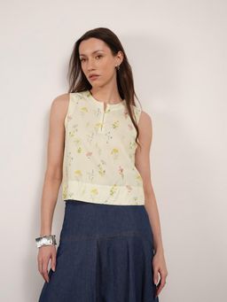 FABLE STREET - Yellow Viscose Floral Regular Fit Sleeveless Round Neck Top
