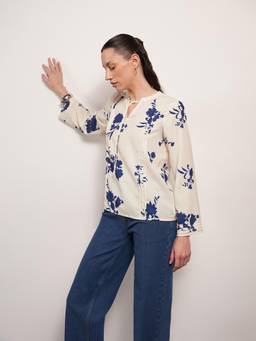 FABLE STREET - Off White Woven Regular Fit Full Sleeve Mandarin Neck Floral Print Top