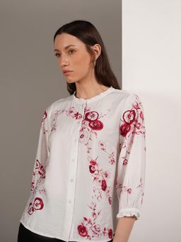 FABLE STREET - White Viscose Floral Regular Fit Three Fourth Sleeve Top