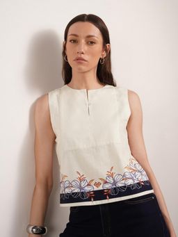 FABLE STREET - Off White Pure Cotton Comfortable Sleeveless Round Neck Floral Top