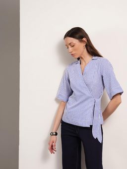 FABLE STREET - Blue Cotton Regular Fit Checked Half Sleeve Collared V-Neck Top