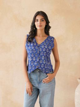 GOODHAND - Blue Women's Sleeveless Cotton Block Printed Kothi Top