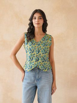 GOODHAND - Green Women's Sleeveless Cotton Block Printed Kothi Top