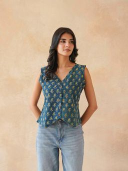 GOODHAND - Teal Women's Sleeveless Cotton Block Printed Kothi Top