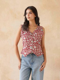 GOODHAND - Red Women's Sleeveless Cotton Block Printed Kothi Top