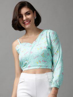 SHOWOFF - Women's Regular Sleeves Abstract Sea Green Cinched Waist Top