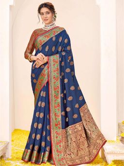 Odette - Womens Navy Blue Silk Woven Design Saree with Unstitched Blouse
