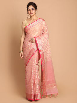 Indethnic - Banarasi Pink Woven Design Festive Wear Saree With Unstitched Blouse