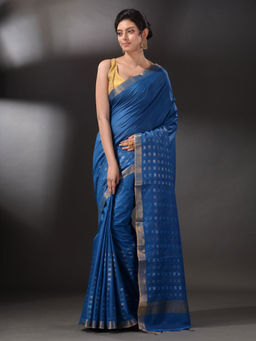 Arhi - Blue Blended Cotton Saree with Unstitched Blouse (Set of 2)