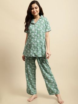 Secret Wish - Womens Green & Blue Sanganeri Floral Print Night Suit (Set of 2)