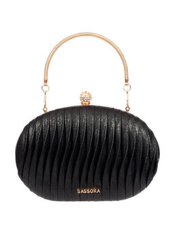 Sassora - Genuine Premium Leather Black Self Design Party Clutch (M)